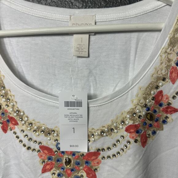 Chico's Women's Optic White Nora Necklace Short Sleeve Knit Fashion Tee 1/(8/10) - Picture 4 of 6